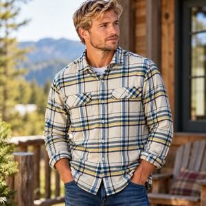 Patagonia Fjord Flannel Shirt Mens Medium Plaid Cream Blue Organic Cotton 53947
